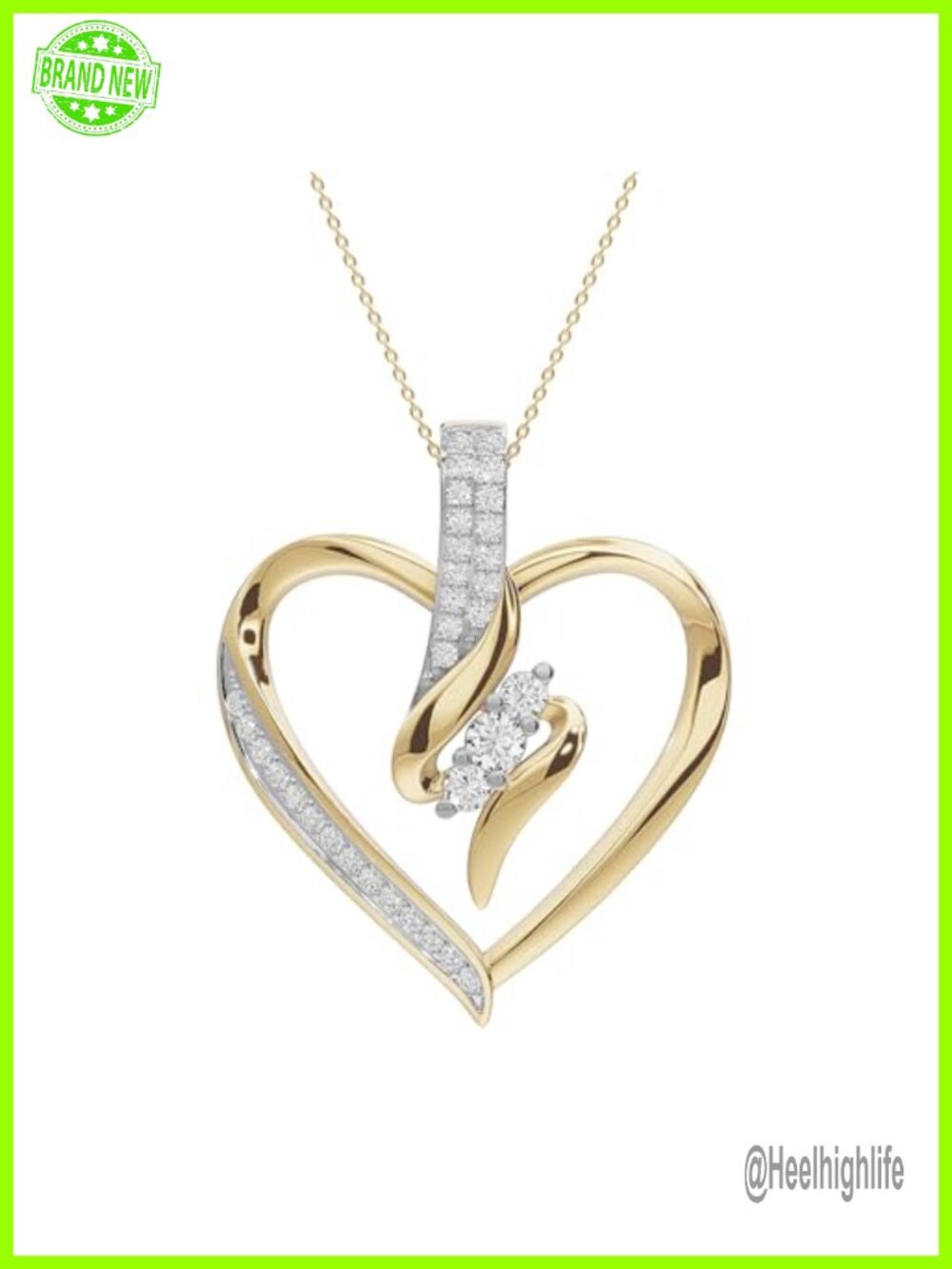925 Sterling Silver 14K Yellow Gold Over Heart Pendant Necklace 3 Stone Diamond